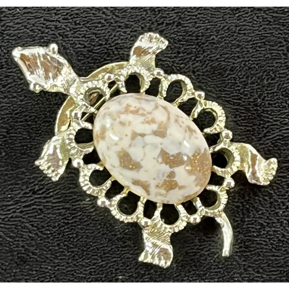 Vintage Gerrys Turtle Art Glass Cabochon Brooch Pin Marble Brown Gold 2.25" - Picture 2 of 16